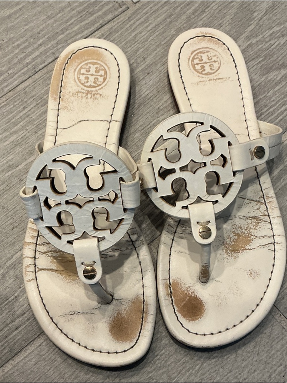 Tory Burch White Miller Logo Thong Sandals Women’s Sz 6.5M Please read desc
